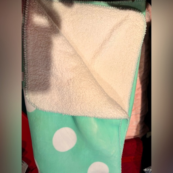 Mint and white polka dot blanket.